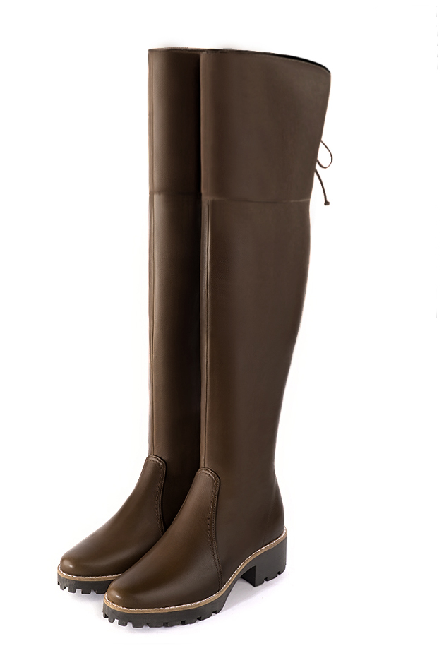 Dark brown leather thigh-high boots. Round toe. Low rubber soles. Made to measure. Thin or thick calves - Florence KOOIJMAN
